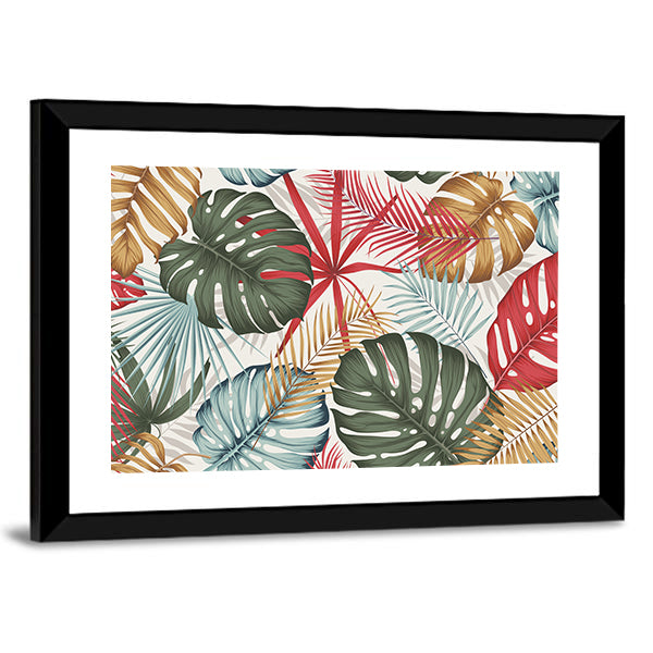 Seamless Colorful Monstera and Palm Leaves Canvas Wall Art
