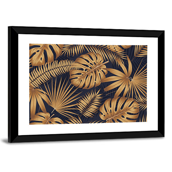 Golden Monstera and Palm Leaves Canvas Wall Art