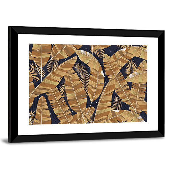 Banana Leaves Pattern in Navy and Gold Canvas Wall Art