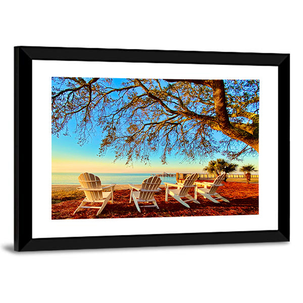 Four White Adirondack Chairs at Sunset Canvas Wall Art