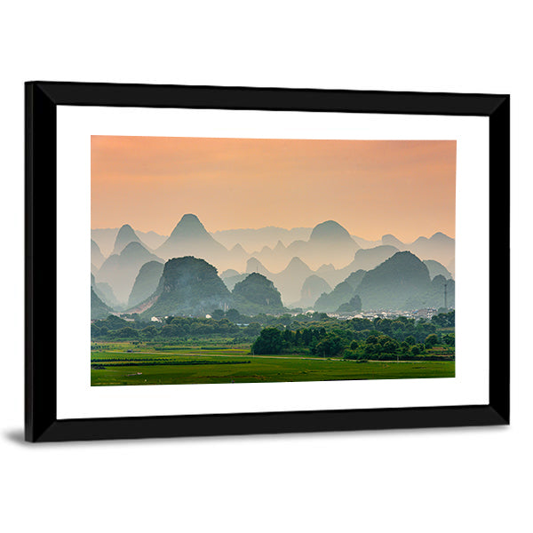 Karst Mountain In Guilin China Canvas Wall Art in gray, orange and green, framed print, product view on a white background