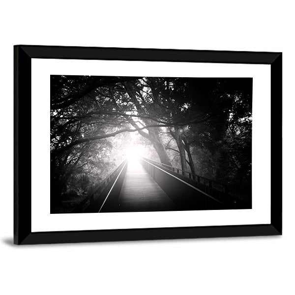 Bridge In Forest With Sun Rays Canvas Wall Art