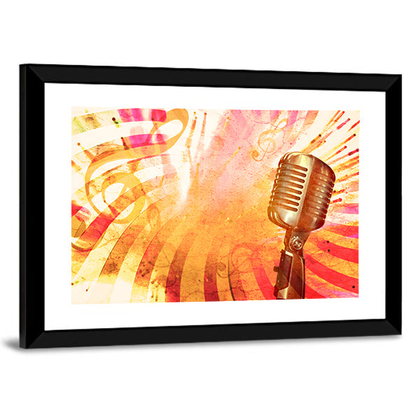 Retro Microphone with Musical Notes Canvas Wall Art