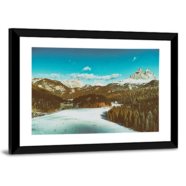 Italian Dolomites in Winter Canvas Wall Art in white, brown and blue, framed print, product view on a white background
