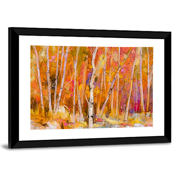 Colorful Aspen Trees Canvas Wall Art in orange, yellow and pink, framed print, product view on a white background