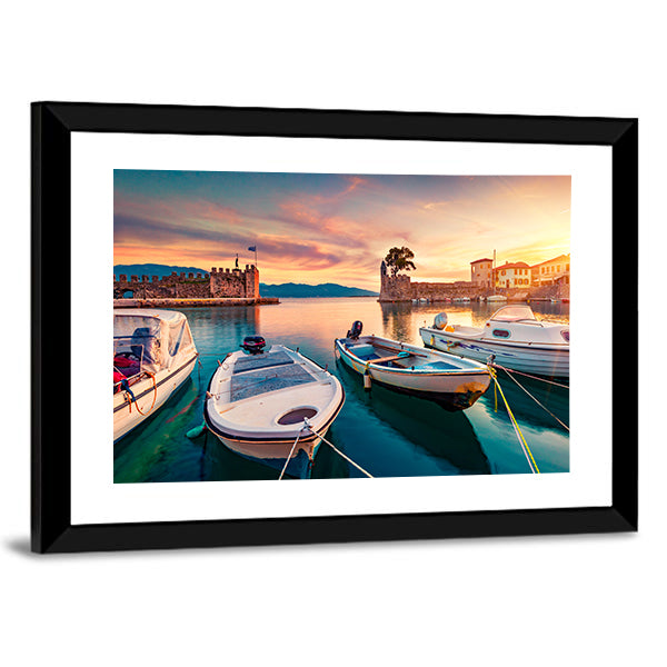 Gulf Of Corinth In Greece Canvas Wall Art in orange, yellow and blue, framed print, product view on a white background