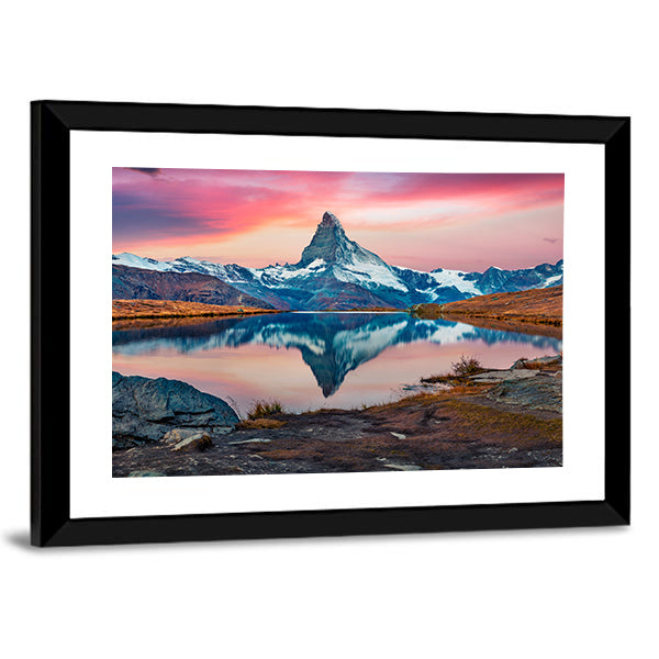 Stellisee Lake With Matterhorn Peak Canvas Wall Art in orange, blue and pink, framed print, product view on a white background
