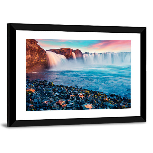 Skjalfandafljot River And Godafoss Waterfall In Iceland Canvas Wall Art in brown, blue and pink, framed print, product view on a white background
