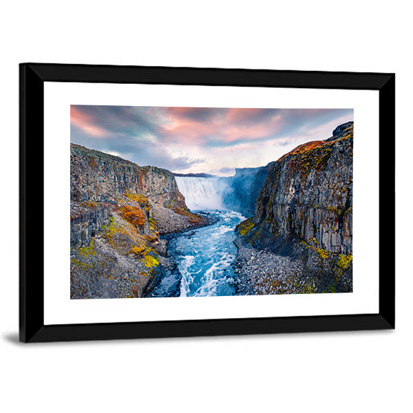 Dettifoss Waterfall In Iceland Canvas Wall Art in gray, brown and blue, framed print, product view on a white background
