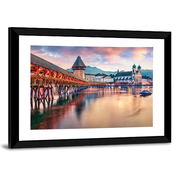 Old Wooden Chapel Bridge Kapellbrucke In Switzerland Canvas Wall Art in brown, orange and blue, framed print, product view on a white background