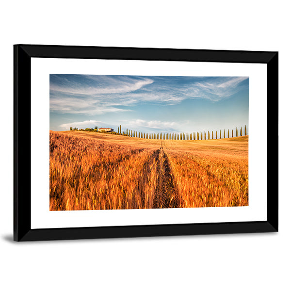 Wheat Field In Tuscany Canvas Wall Art in orange, yellow and blue, framed print, product view on a white background