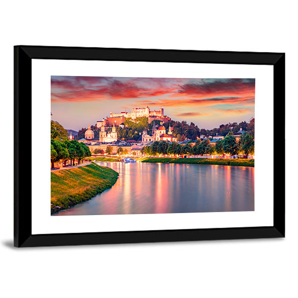 Old Town Of Salzburg In Austria Canvas Wall Art in orange, green and blue, framed print, product view on a white background