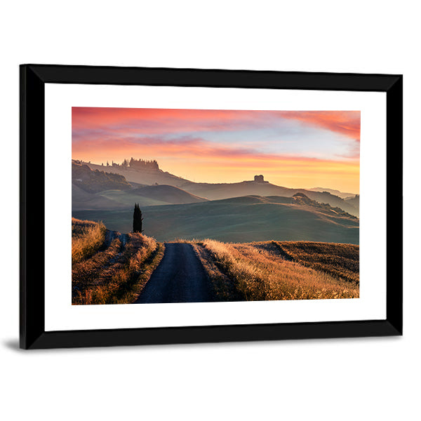 Sunrise Of Italian Countryside Canvas Wall Art in brown, orange and yellow, framed print, product view on a white background