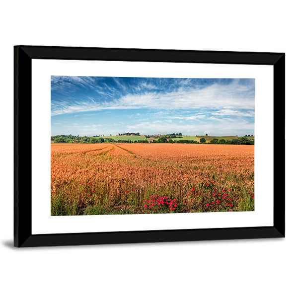 Wheat Field In Tuscany Canvas Wall Art in gold, orange and blue, framed print, product view on a white background
