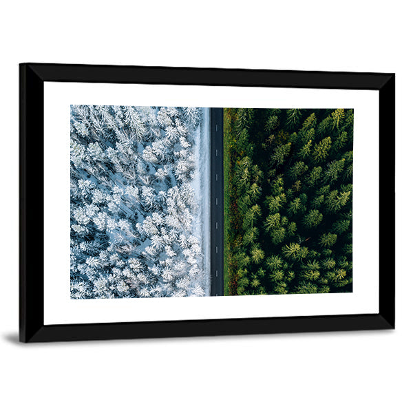 Highway Road Through Forest In Summer And Winter Canvas Wall Art