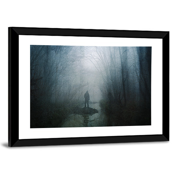 Silhouette at Stream in Misty Forest Canvas Wall Art
