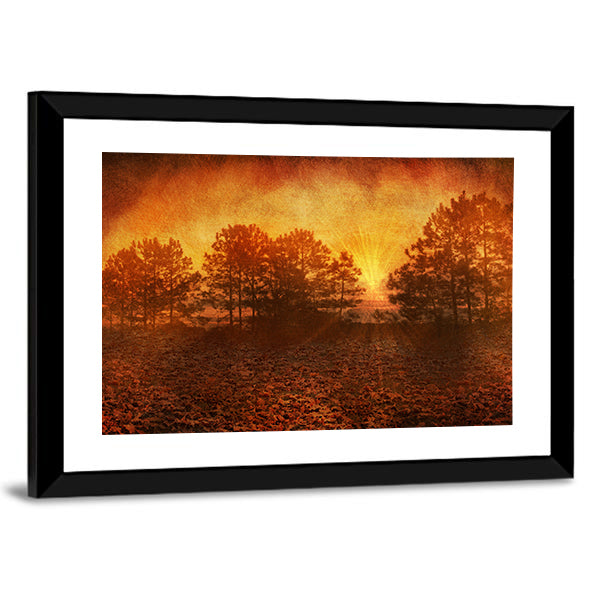 Rusty Golden Textured Autumn Field Canvas Wall Art in brown, gold and orange, framed print, product view on a white background