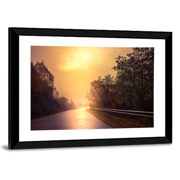 Windy Road Among The Forest At Sunset Canvas Wall Art