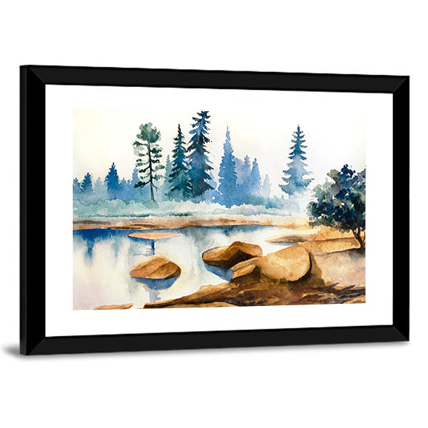 Watercolor Lake Landscape Canvas Wall Art