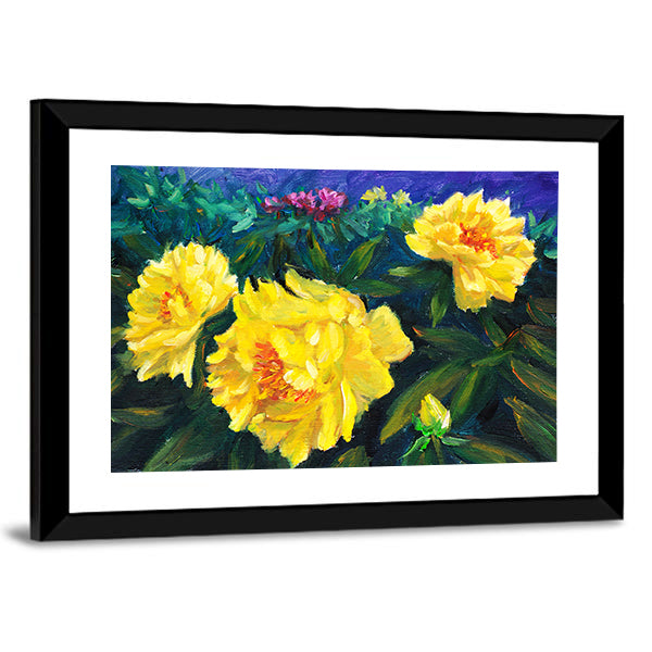 Blooming Yellow Peonies with Textured Blue Background Canvas Wall Art