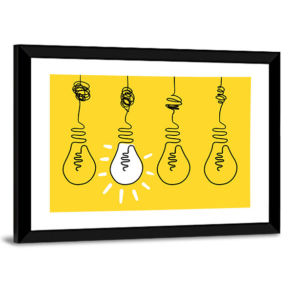 Four Lightbulbs Technology Concept Canvas Wall Art in black, white and yellow, framed canvas, product view on a white background