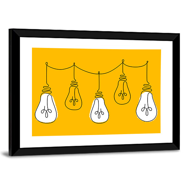 Five Light Bulbs Line on Yellow Canvas Wall Art
