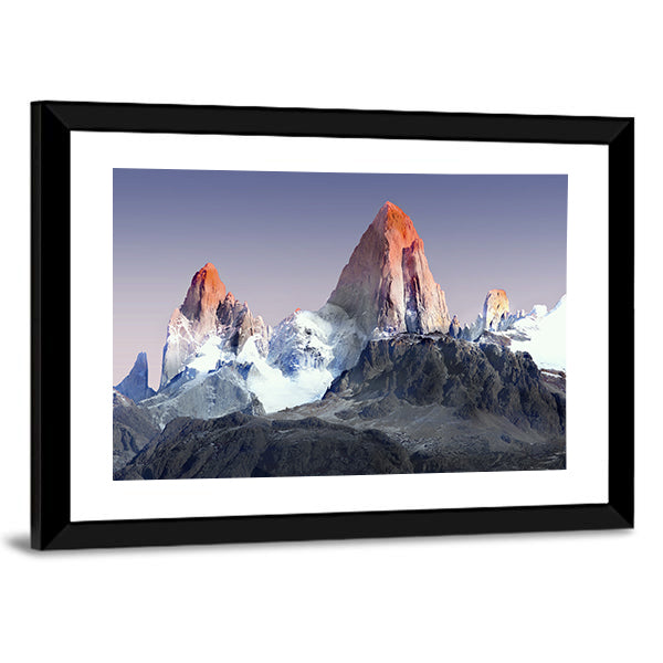 Mount Fitz Roy In Patagonia Canvas Wall Art in gray, orange and blue, framed print, product view on a white background