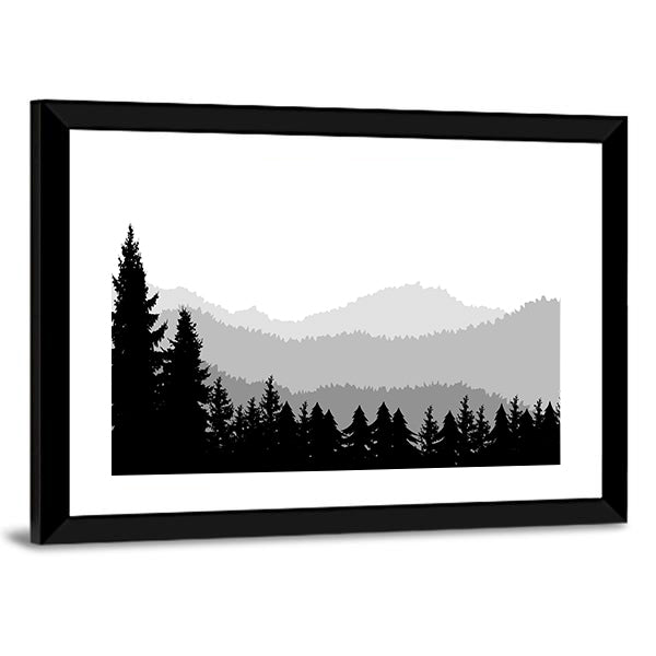 Monochrome Mountain Ranges with Pine Silhouettes Canvas Wall Art