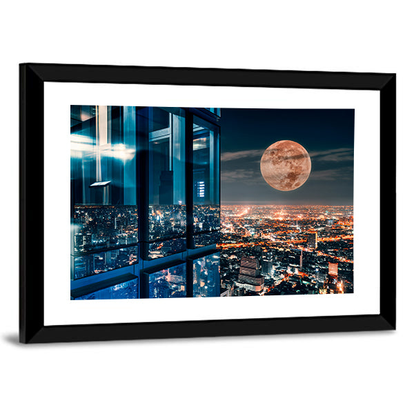 Bangkok Night Skyline with Full Moon Canvas Wall Art in black, orange and blue, framed print, product view on a white background