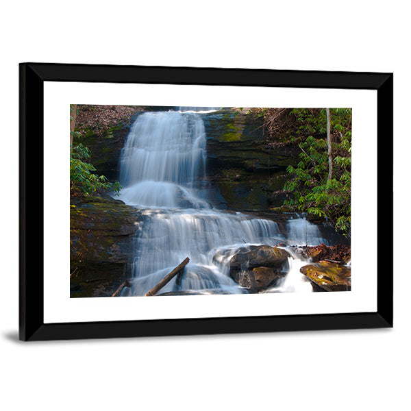 Desoto Falls, Georgia Canvas Wall Art in white, brown and green, framed print, product view on a white background