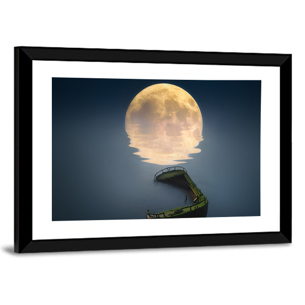 Full Moon Over Broken Ship In Sea Canvas Wall Art