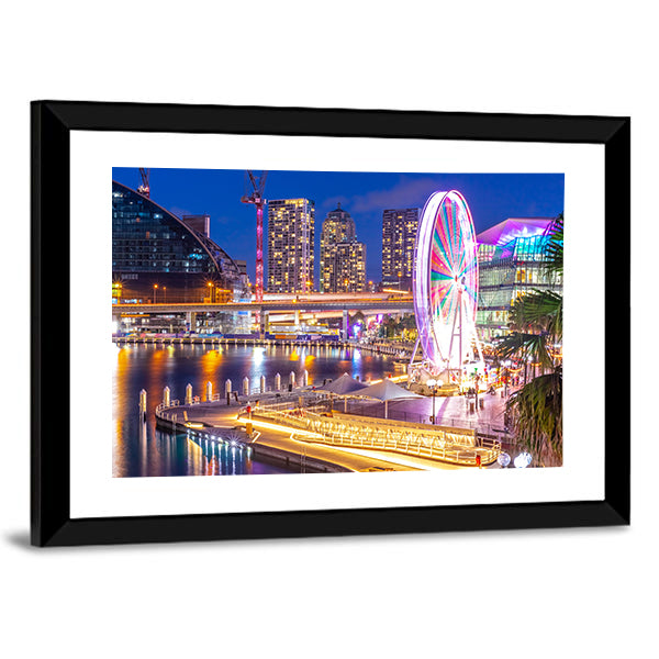Sydney Harbour Skyline Canvas Wall Art in yellow, blue and multicolor, framed print, product view on a white background