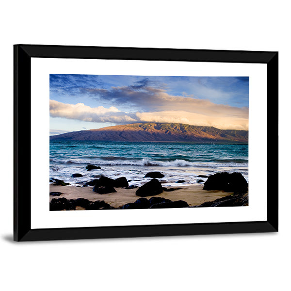 Oahu Coastline with Volcanic Rocks Canvas Wall Art in white, brown and blue, framed print, product view on a white background