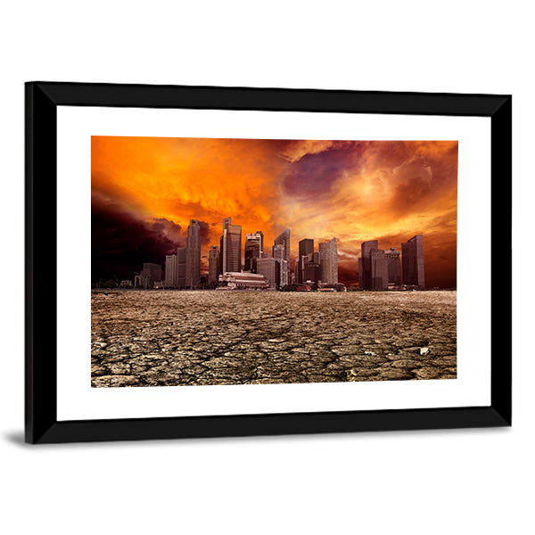 Apocalyptic City Skyline Over Cracked Earth Canvas Wall Art
