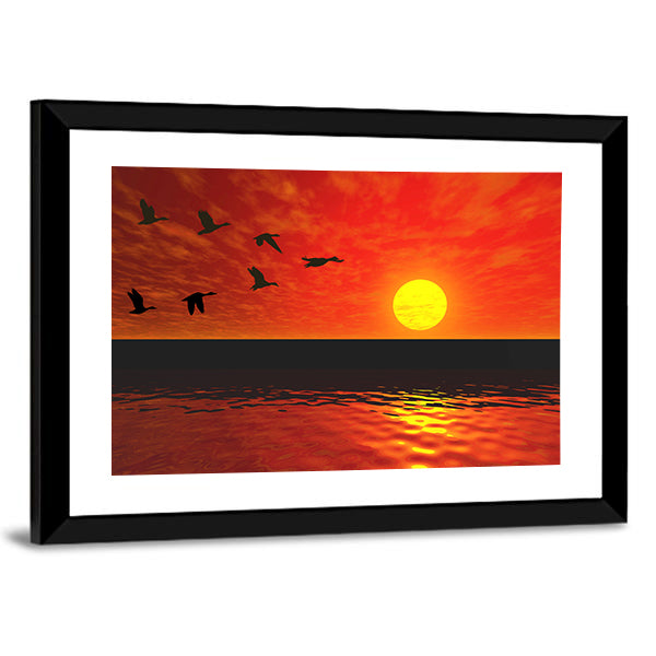 Flying Ducks At Sunset Canvas Wall Art