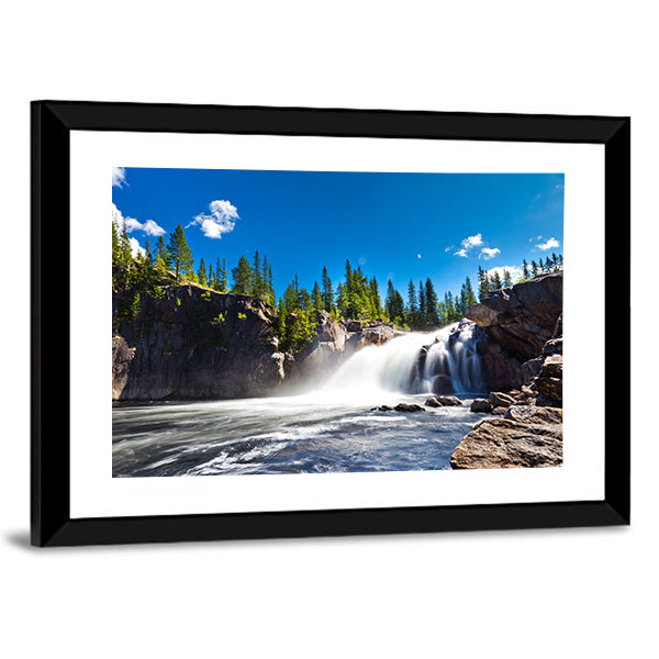 Scenic Waterfall Canvas Wall Art in white, green and blue, framed print, product view on a white background