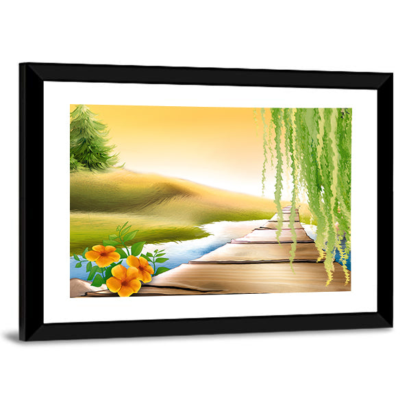 Wooden Footbridge Over Meadow Stream Canvas Wall Art