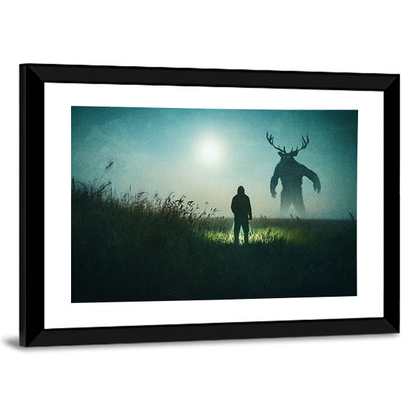 Alone Man Against Mysterious Monster Canvas Wall Art in black, green and blue, framed print, product view on a white background