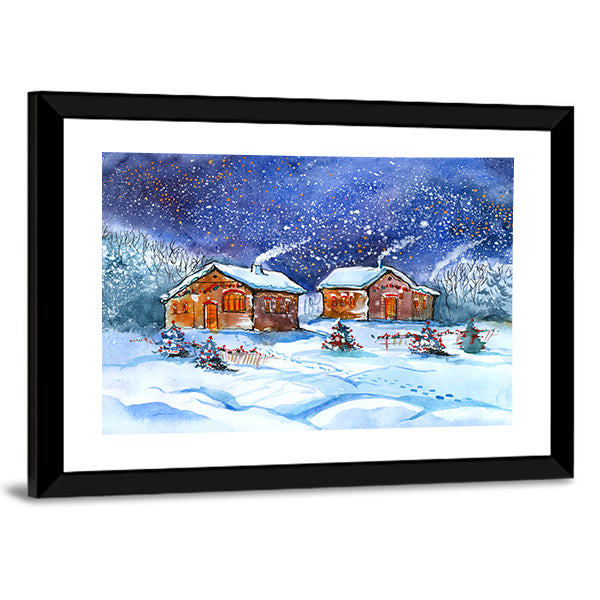 Two Winter Cottages Under Starry Night Canvas Wall Art