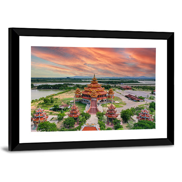 Wat Petch Suwan Chinese Temple In Thailand Canvas Wall Art in orange, green and blue, framed print, product view on a white background