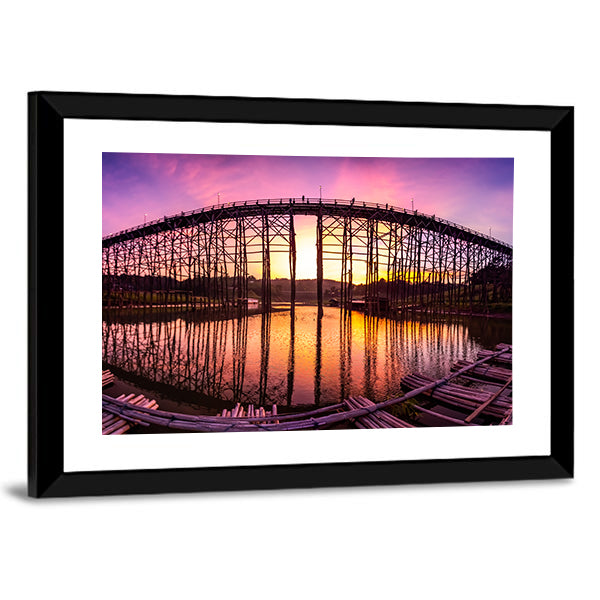 Mon Bridge At Sunset Canvas Wall Art in brown, orange and purple, framed print, product view on a white background
