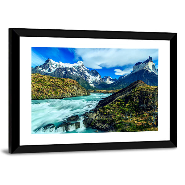 Luxury River Mountain Canvas Wall Art in white, green and blue, framed print, product view on a white background