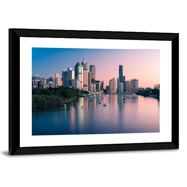 Brisbane Downtown At Sunrise Canvas Wall Art in orange, blue and pink, framed print, product view on a white background