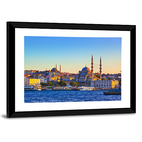 Istanbul Cityscape At Sunset Canvas Wall Art in orange, yellow and blue, framed print, product view on a white background