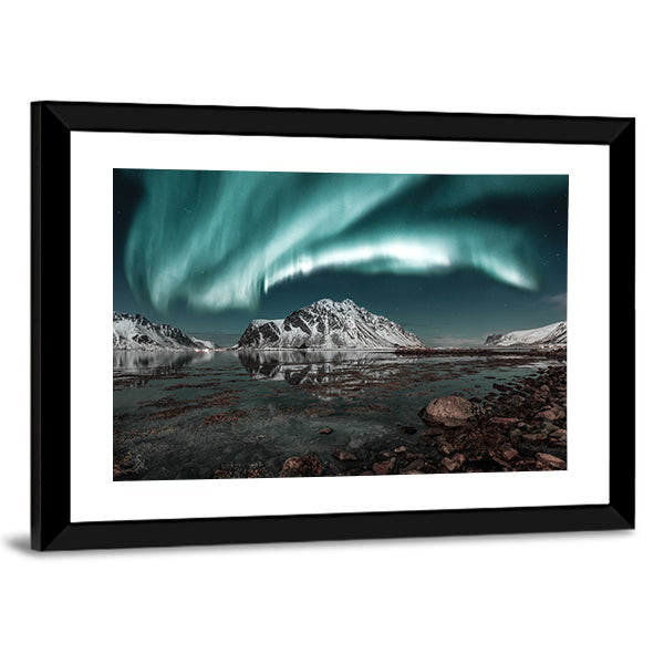 Northern Lights Over Lofoten Canvas Wall Art in black, green and blue, framed print, product view on a white background