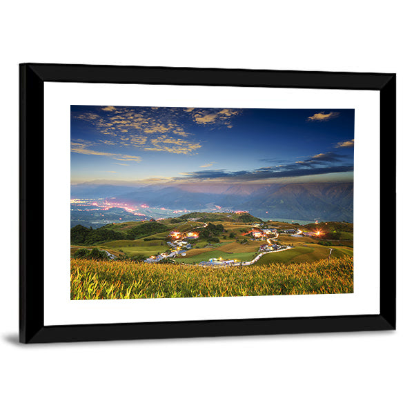 Lioushidan Mountain Daylilies at Dawn Canvas Wall Art in yellow, green and blue, framed print, product view on a white background