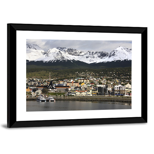 Ushuaia Harbor with Snow-capped Peaks Canvas Wall Art in white, gray and blue, framed print, product view on a white background