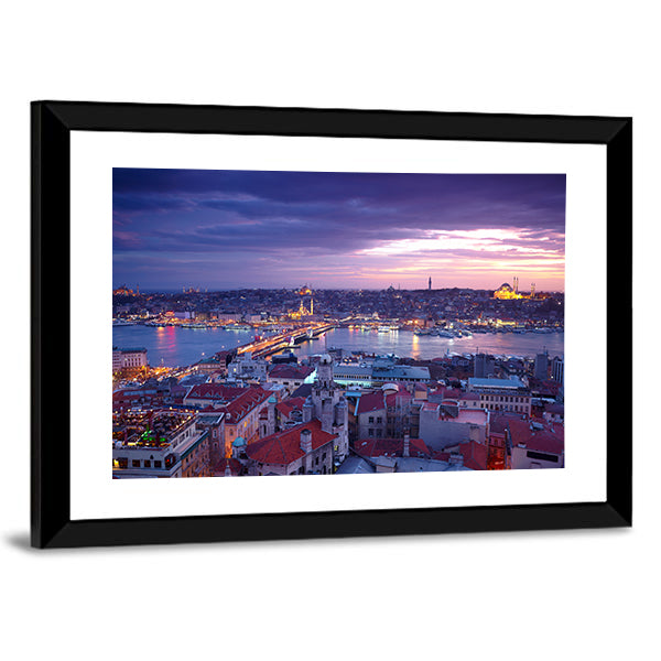 Istanbul At Sunset Canvas Wall Art in orange, blue and purple, framed print shown in a room