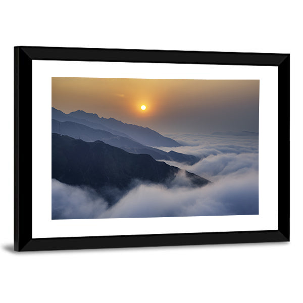 Ta Xua Mountain Range at Sunset Canvas Wall Art in orange, yellow and blue, framed print, product view on a white background