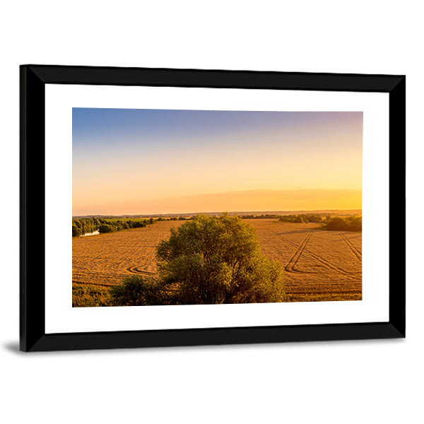 Sunset Over Golden Field with Curved Tracks Canvas Wall Art in gold, orange and yellow, framed print, product view on a white background